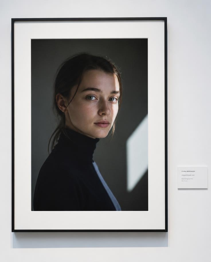 A framed photograph hanging on a pale gallery wall